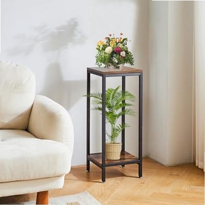 Sierra, 30 inch hoge plantenstandaard binnen, 2 niveaus houten hoek plantenstandaard, moderne vierkante plantenplank bloempot houder voor woonkamer terras balkon tuin, rustiek bruin TMJ071H
