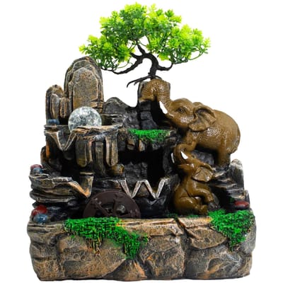Tafelwaterornament 'Olifanten in liefde' met kristallen bol, verlichting en watermolen (30x20x35cm)