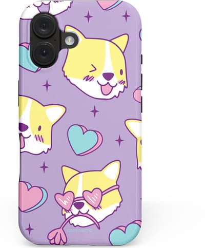 Casetastic hoesje geschikt voor Apple iPhone 16 - MagSafe - Dubbellaagse bescherming - Liefde is een Corgi - Fashion Case - Lila Goud Wit Beige