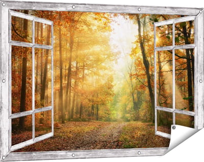 Gards Tuinposter Doorkijk Herfstbos met Zonneschijn - 120x80 cm - Tuindoek - Tuindecoratie - Wanddecoratie buiten - Tuinschilderij