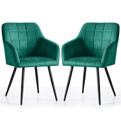 Set van 2 Eetkamerstoelen LUXANO met Armleuningen / Gestoffeerde Stoelen / Fluwelen Stoelen en Metalen Poten / Flesgroen met zwarte benen