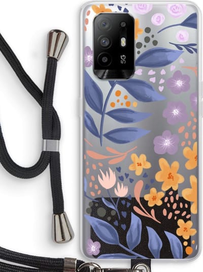 Case Company® - Hoesje met koord geschikt voor Oppo A94 5G hoesje met Koord - Flowers with blue leaves - Telefoonhoesje met Zwart Koord - Bescherming aan alle Kanten en Over de Schermrand
