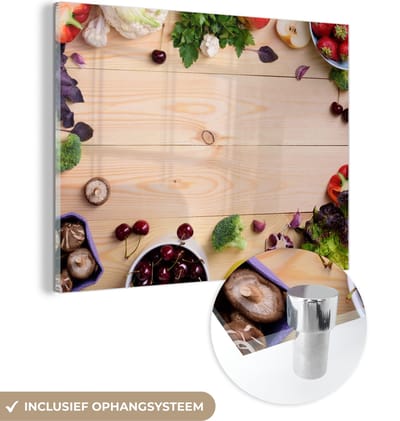 MuchoWow® Glasschilderij 120x90 cm - Schilderij acrylglas - Fruit - Aardbeien - Paprika - Keuken - Foto op glas - Schilderijen