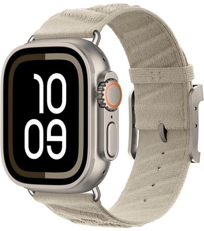 Luxe nylon bandje - geschikt voor Apple Watch 1/2/3/4/5/6/7/8/9/10/11/ SE (1,2,3) met maat 38 mm / 40 mm / 41 mm en 42 mm (Watch 10/11) - rvs gesp - beige