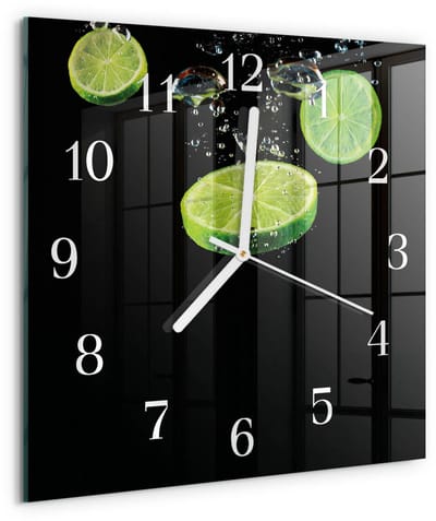 Tulup Wandklok - Limoenen Moderne Glazen Wandklok - 30x30 cm - Groente Wandklok Glas Met Motief - Witte Handen - Vierkante Wandklok - Gekleurde Glazen Klok - Glazen Klok Met Print