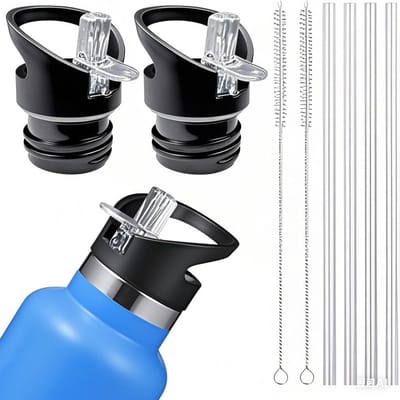 SnelShoppen - Drinkfles Vervangende Deksel met Rietjes - Geschikt voor de Meeste Waterflessen - Inclusief 2 Deksel, 4 Rietjes en 2 Schoonmaakborstels