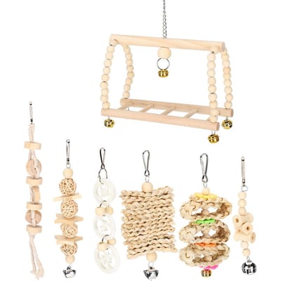 7 STUKS/Pak Papegaai Speelgoed Set Hangende Schommel Bellen Houten Brug Kauw Onderdelen Benodigdheden beige