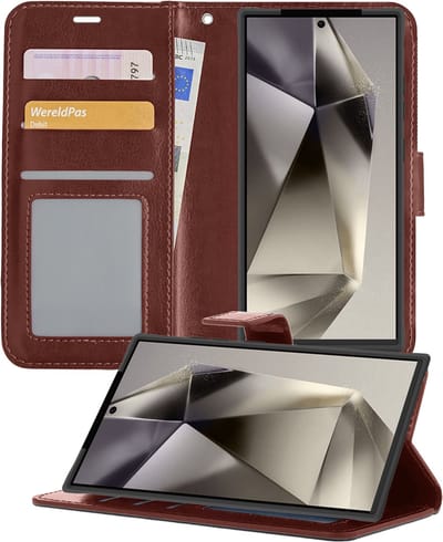 Hoesje - Met Pasjeshouder - Geschikt voor Samsung Galaxy S24 Ultra - Luxe Bookcase Portemonee - Flip Case - Kunstleer Book Case - Flipcase - Book Cover - Walletcase - Portemonneehoes - Telefoonhoesjes - Bruin