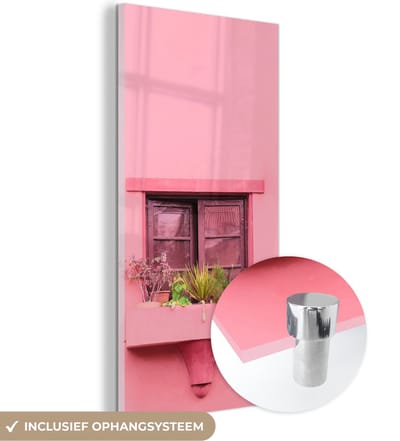MuchoWow® Glasschilderij 20x40 cm - Schilderij acrylglas - Raam - Planten - Roze - Plantenbak - Foto op glas - Schilderijen
