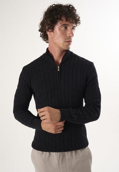 Felix Hardy Kabelgebreide Trui Met Halve Rits - 100% Katoen Heren Zwart - 2Xl