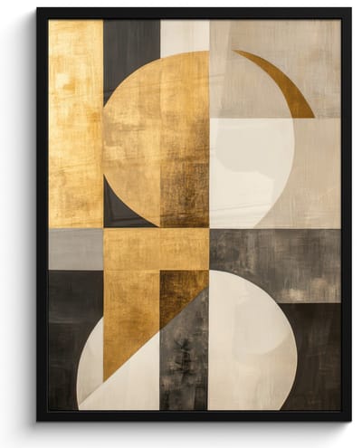 Poster in lijst - Fotolijst 50x70 cm - Posters - Abstract - Goud - Grijs - Vormen - Geometrisch - Posterlijst zwart - Decoratie - Wanddecoratie woonkamer - Muurdecoratie slaapkamer