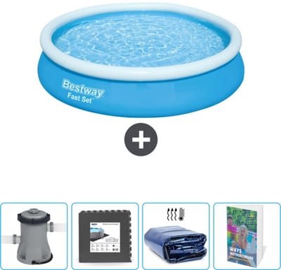 Bestway Rond Opblaasbaar Fast Set Zwembad - 366 x 76 cm - Blauw - Inclusief Pomp - Vloertegels - Solarzeil - Zwembadgids