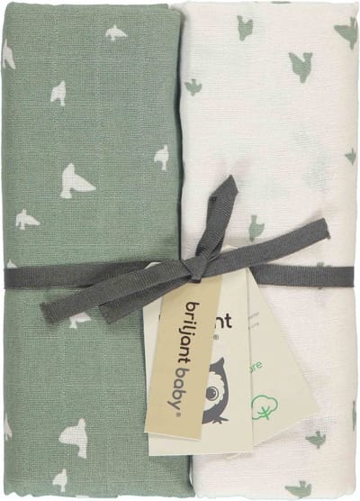 Briljant Baby Hydrofiel Multidoek XL Birds - Swaddle - Inbakerdoek - Groen - 120x120 - 2 Stuks - Organic