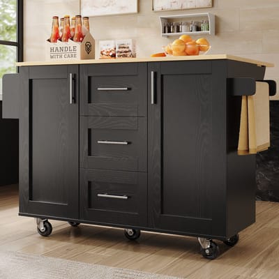 STILVORA Keukeneiland – Opvouwbare Keukenwagen Met 3 Lades En Handdoekhouder – Ruimtebesparend Praktisch – MDF;Metaal – 135x46-74x86,6/87,2 Cm – Zwart