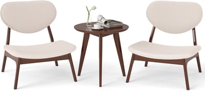 COSTWAY 3-delige stoel met bijzettafel, loungestoel bekleed met massief houten frame, kleine tafel met 2 stoelen, loungestoelset voor woonkamer, eetkamer, werkkamer (beige)
