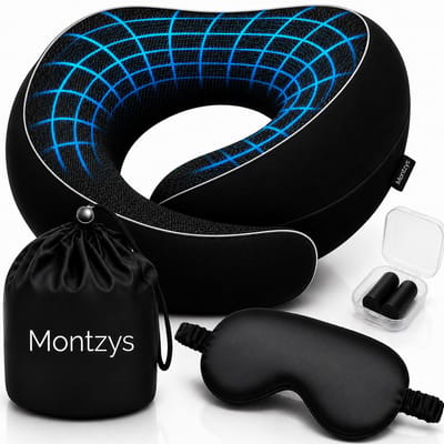 Montzys® Nekkussen met Slaapmasker & Oordoppen - Reiskussen voor Vliegtuig & Auto - Travel Pillow - Ergonomisch Memory Foam & Traagschuim