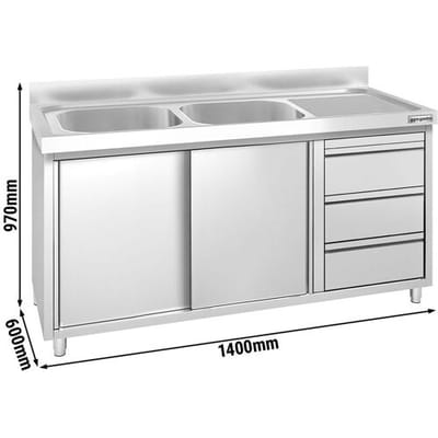 GGM Gastro Spülschrank PREMIUM - 1400x600mm - mit 3 Schubladen & 2 Becken links