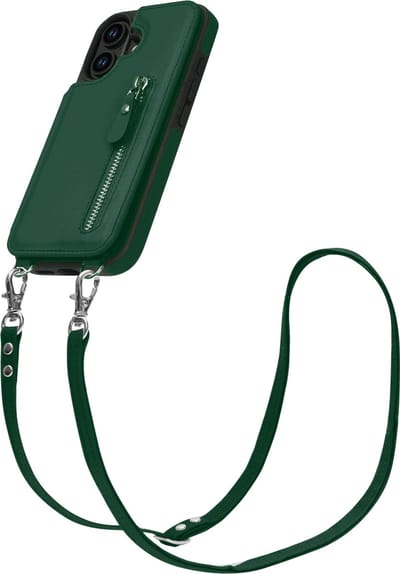 Casemania Hoesje Geschikt voor Apple iPhone 16 - Groen - Luxe Back Cover met Koord / Rits - Wallet Case met Pasjeshouder - Lanyard Telefoonhoes - Cord Case