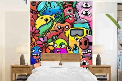 Behang - Fotobehang Monster - Patroon - Groente - Bloemen - Regenboog - Kinderen - Breedte 165 cm x hoogte 220 cm