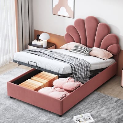 Sweiko Gestoffeerd kinderbed 90 x 200 cm, met bloemhoofdbord en lattenbodem, in hoogte verstelbaar hoofdbord met hydraulische opbergruimte, huidvriendelijke fluwelen stof, roze