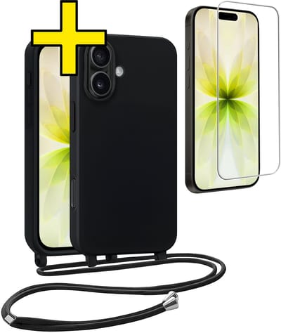 Hoesje Geschikt voor iPhone 17 Hoesje Met Koord Met Screenprotector Siliconen Case - Hoes Geschikt voor iPhone 17 Backcover Met Afneembaar Koord - Zwart