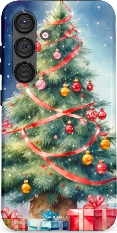 Casetastic hoesje geschikt voor Samsung Galaxy S25 - Dubbellaagse bescherming - Aquarel Kerstboom Cadeau - Fashion Case - Grijs Donkerblauw Saliegroen Beige