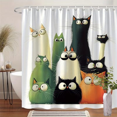 Rideau de douche Chat Cartoon Drôle Imperméable Résistant à l'humidité Protection de la vie privée Impression Design Famille de Chats Colorée Art Animalier Mignon W90H180(CM)-1 Pcs