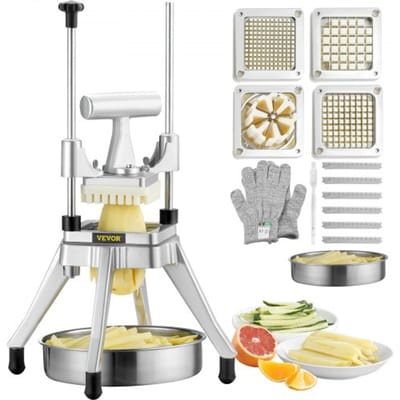 VEVOR Commerciële Aardappelsnijder Frietensnijder 1/2 + 3/8 + 1/4 Inch + 6 Wiggen, Frietensnijder Groentensnijder Fruitsnijder met 6 Vervangingsmessen, Roestvrijstalen Chopper