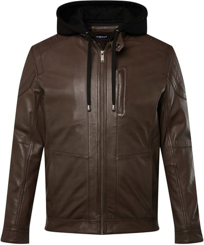 Men Plus - Heren - Leren jack leer jersey-capuchon rits - Hazelnoot - Maat 3XL