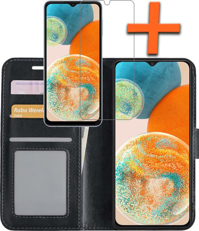 Hoes - Met Screenprotector - Geschikt voor Samsung Galaxy A23 - Luxe Pasjeshouder - Bookcase Portemonee - Flip Case - Kunstleer Book Case - Flipcase - Book Cover - Walletcase - PortemonneeHoes - Zwart