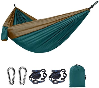 Kampeerhangmat Lichtgewicht, draagbare hangmatten Parachutehangmat met twee boomriemen, enkele of dubbele reisschommel Nylon kampeerhangmatten, outdoor essentials voor strandrugzaktochten en wandelen - Donkergroen bruin