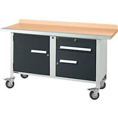 Mobiele werkbank Schäfer Shop Select PWi 150-3, beuken multiplex blad, met stalen rand, tot 400 kg, B 1500 x D 700 x H 840 mm