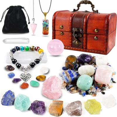 Healing Stone Set met 21 Chakra Kristallen, Tumbled Stones en Verpletterde Steentjes voor Energie, Yoga en Meditatie in Houten Doos