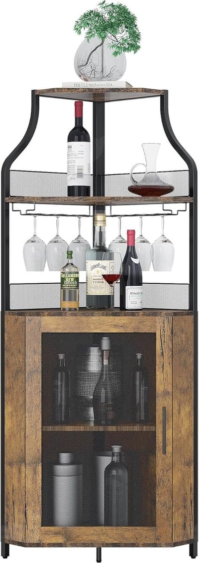 Industriële Hoek Barkast - 5 Lagen Wijnkast met Glazenhouder & Gaasdeuren - Thuisbar voor 50 Flessen - Hout & Metaal - 47x47x154 cm - Rustiek Bruin