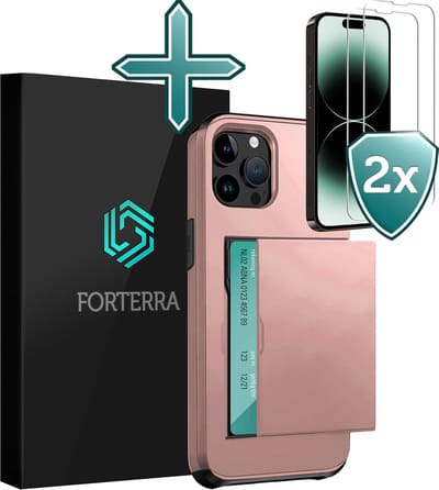 Hoesje Geschikt voor iPhone 14 Pro Max Pashouder Hard Case Hoes Met 2x Screenprotector - Hoes Geschikt voor iPhone 14 Pro Max Hoesje Back Cover Met Pasjeshouder - Rosé goud