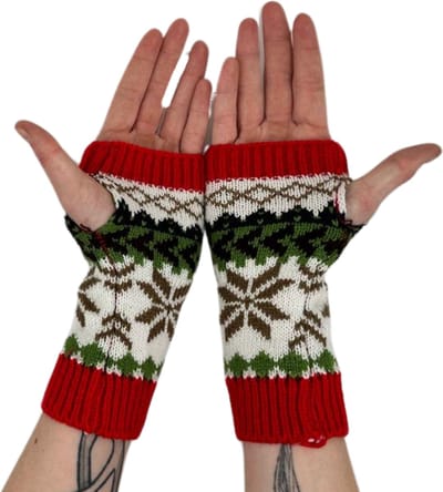Vingerloze Handschoenen Dames - Noors Winter Patroon - Korte Polswarmers Rood/Groen/Wit