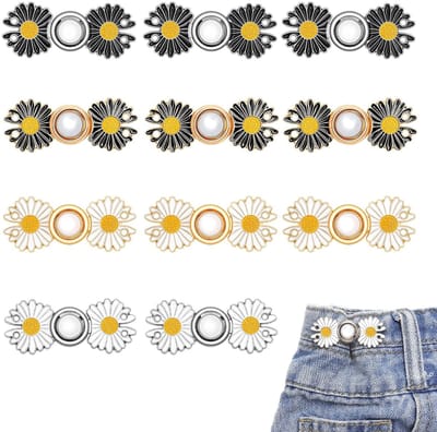 Dailygoods- Madeliefsknopen 12 stuks - Riemgespen - Broekspanner - Taille-inker - Compacte clips - Metaallegering - 4,8 x 1,8 cm - Riemgesp