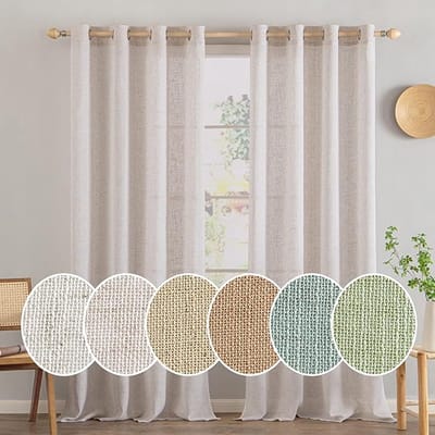 Famanu - Gordijnen met oogjes, voile gordijn, kort, modern linnenlook, halftransparant, gordijn met ogen voor woonkamer, kinderkamer, ruimteverdeler, set van 2, natuurlijk linnen, wit, 280 x 140 cm