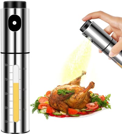 JeiibrZui Oliesprayfles - Olijfoliesprayfles - Dubbele schaalverdeling met transparant venster - 1 stuk - Gezond koken (zilverkleurig)
