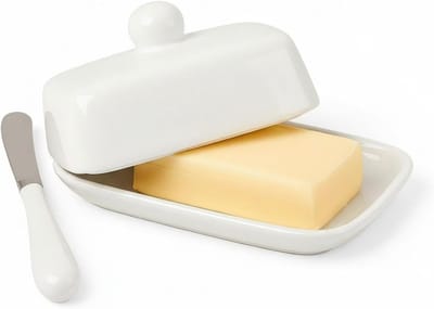 Elegante rechthoekige keramische botervloot met deksel en mes, ideaal voor keukenopslag, decoratie en verse boter.