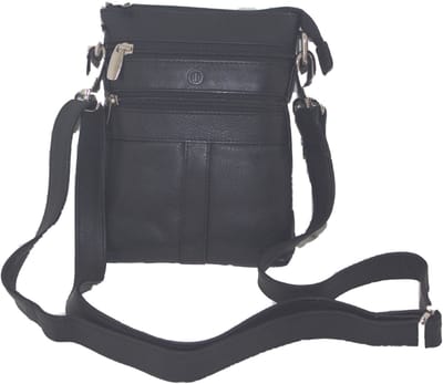 Oi zwarte leren Herentas of Damestas / platte compacte schoudertas met veel ritsen / ook te dragen als crossbody / zwart leer / 208