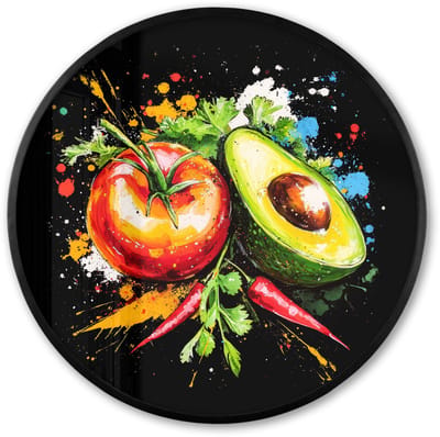 Poster in lijst Rond - Fotolijst 60x60 cm - Posters - Tomaat - Avocado - Peper - Graffiti - Verf - Modern - Ronde posterlijst zwart - Decoratie - Wanddecoratie woonkamer - Muurdecoratie slaapkamer