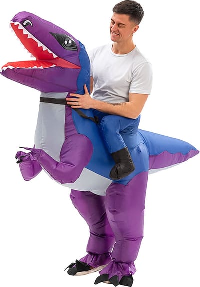 KIMU® Opblaas Kostuum Rijdend op Velociraptor Paars - Opblaasbaar Pak - Dinopak Mascotte Opblaaspak - Opblaasbare Dino Dinosaurus Dames Heren Festival