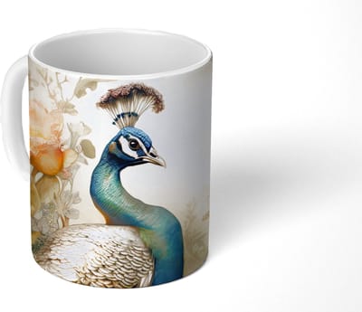 Mok - Koffiemok - Pauw - Pauwenveren - Bloemen - Vogels - Botanisch - Mokken - 350 ML - Beker - Koffiemokken - Theemok