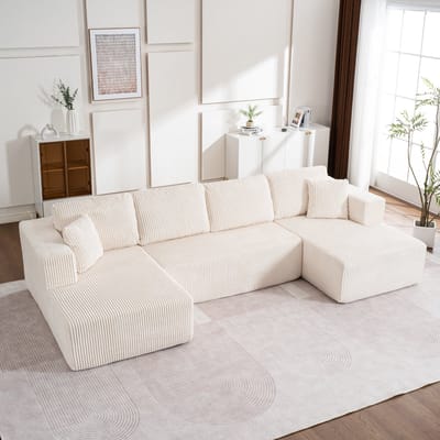 MODENUIT U-Bank 332 x 156 cm - Modulair 3-Zits Met Liggedeelte en Kussens - Voor Woonkamer - Ribstof - Wit