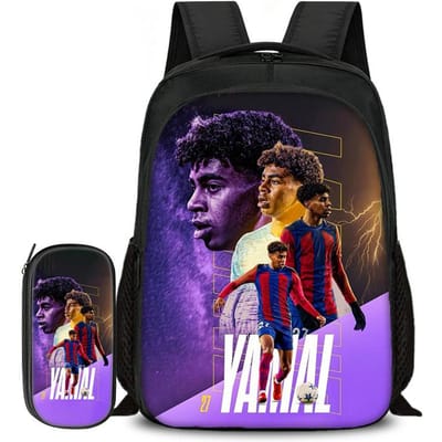 2-delige Set Boekentas Etui Schooltassen L-Lamin Yamal Kinderen School Dubbellaags Rugzak Voetbalster Voetbal Sport Mochila