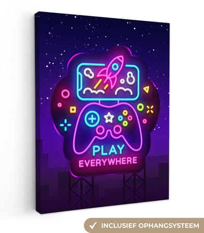 Canvas schilderij 30x40 cm - Wanddecoratie Gaming - Neon - Play - Blauw - Nacht - Controller - Muurdecoratie game room - Gaming kamer decoratie - Gameroom accessoires - Schilderijen - Game Kamer