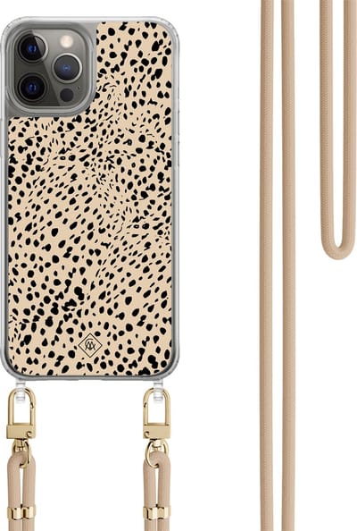 Casimoda® hoesje met beige koord - Geschikt voor iPhone 12 Pro - Stippen bruin abstract - Afneembaar koord - TPU/polycarbonaat - Bruin/beige