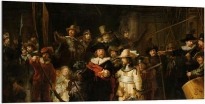 Dibond - Oude Meesters - Nachtwacht, Schutters van wijk II, Rembrandt van Rijn - 200x100cm Foto op Aluminium (Met Ophangsysteem)