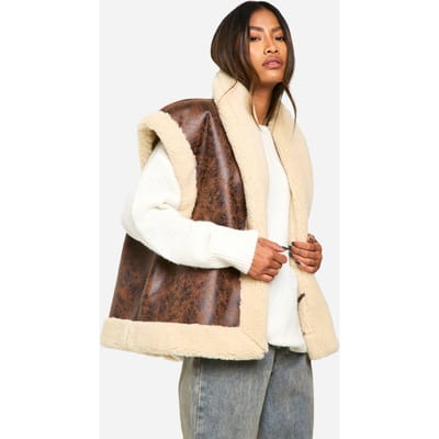 boohoo Dames Vintage Look Bonded Aviator Gilet | Brown | Maat: 12